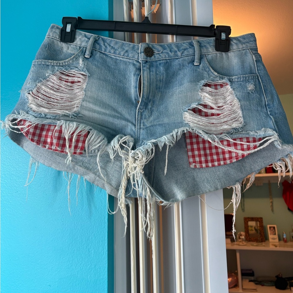MuMu Distressed Red Gingham Patch Shorts